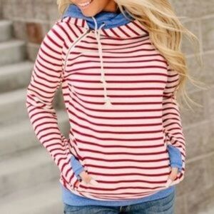 Red & Ivory Striped Ampersand Ave Mindy Mae Sweatshirt Hoodie Women's Small